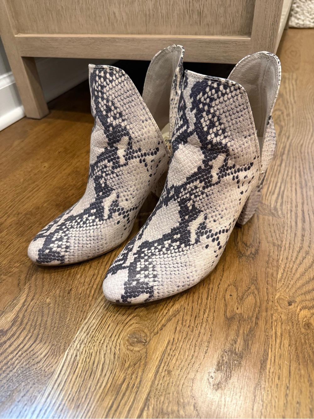 Steve Madden Snake-Print Ankle Boots in Beige and Black